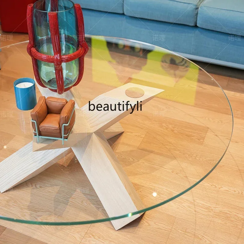 

cqyItalian minimalist villa designer living room tempered glass round coffee table all solid wood coffee table