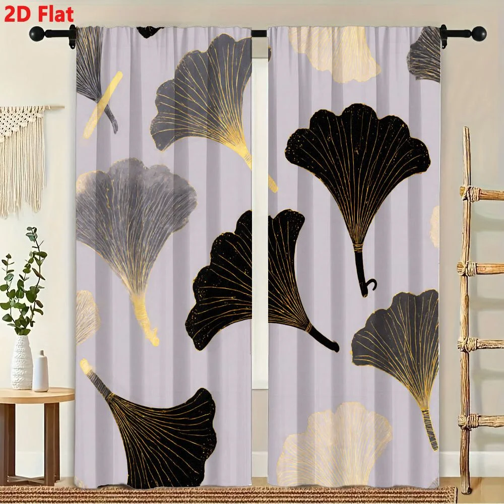 2Pcs Curtains 2D Flat Seamless Pattern Ginkgo Leaves On Light Gray Pale Lavender Background With Black Gray White Leaves Gold Ve 3