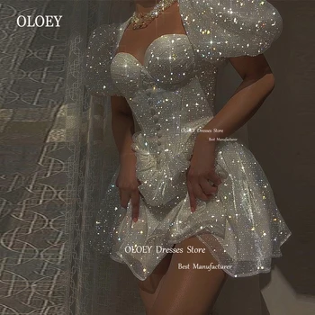 OLOEY Sparkly Glitter Beyaz Kısa Parti Elbiseler Puf Kollu Sevgiliye Organze Kokteyl Elbisesi Özelleştirilmiş Mini Doğum Günü Prenses