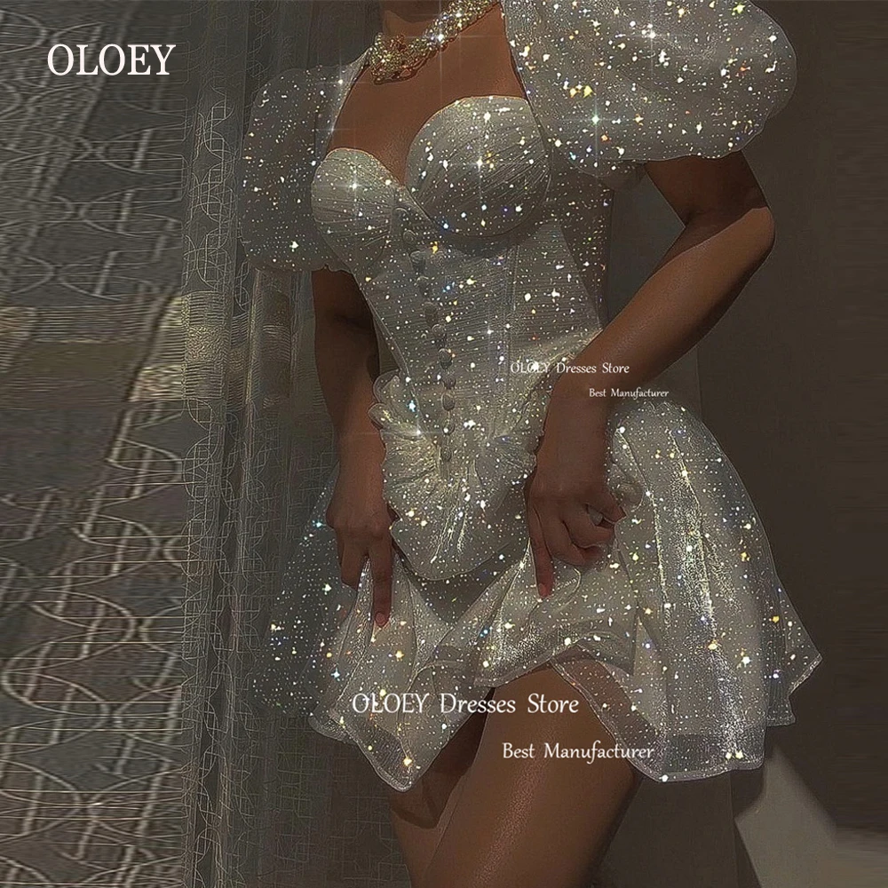OLOEY świecący brokat białe krótkie sukienki imprezowe bufiaste rękawy Sweetheart Organza sukienka koktajlowa dostosowana Mini urodziny księżniczki
