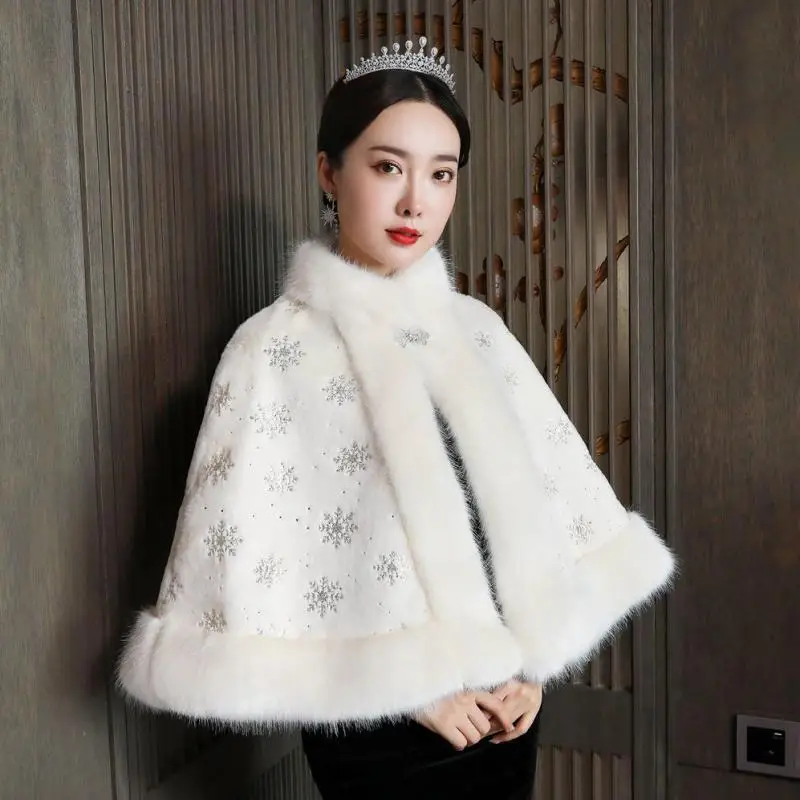 New Wedding Jacket Elegant Bridal Accessorie Thickened Faux Fur Shawl Adult Dress Keep Warm Cloak With Collar Snow Flowers Cape