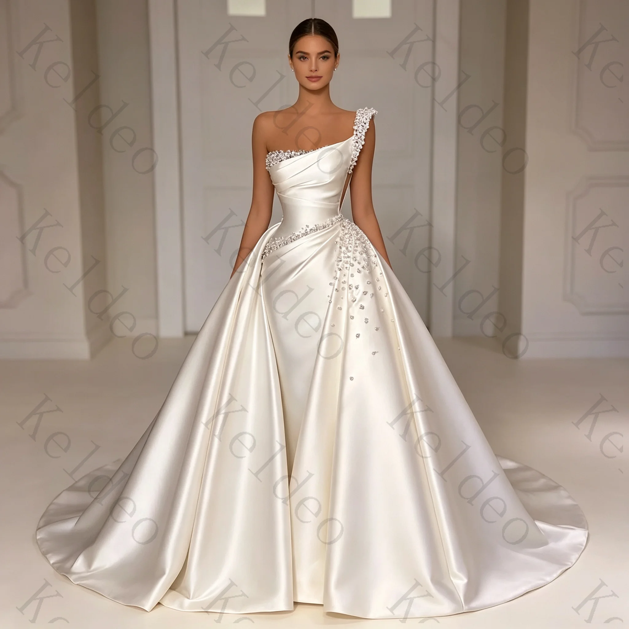 Customized 2026 Mermaid Sleeveless Wedding Dresses One Shoulder Pleated Pearl Detachable Train Open Back Floor-Length Bride Gown