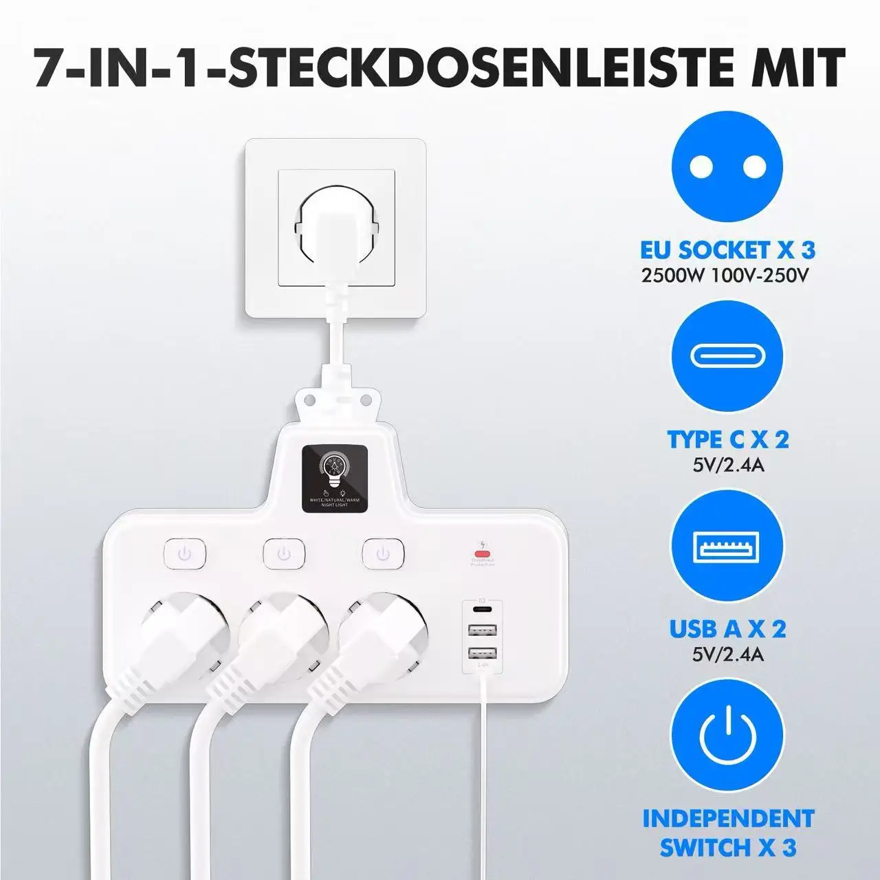 Power Strip EU Multitap Wall Mounted Independent Switch Power 3 Socket With USB Type-C Charging Ports Network Filter Adapter