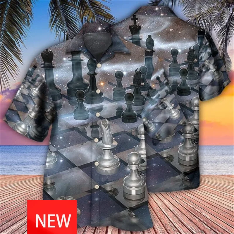 All Over Print Men's Chess Game Hawaiian Shirts Summer Short Sleeve Button Up Chess Board Beach Shirts Blouse Streetwear