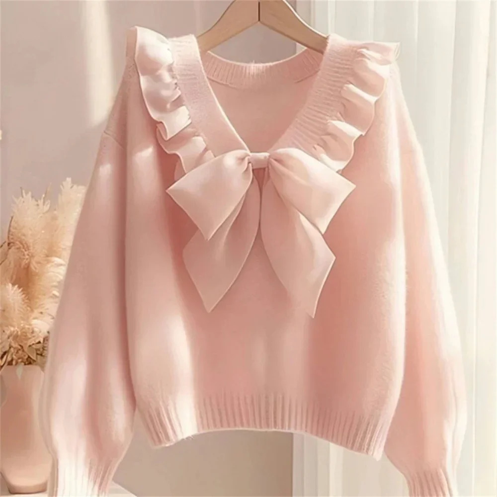 

2025 Korean Fashion Sweaters Women's Sweater Autumn Winter Pullover Loose Sweater Top Pink Bow Knitted Long Sleeved Clothing
