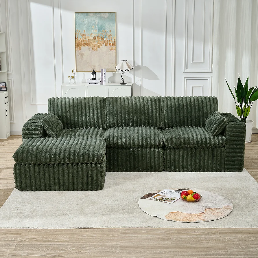 ！@Light Luxury Modern Ribbed Flannelette Upholstered Corner Modular Sectional Sofa Ottoman-Green 3 Seater Eco-Friendly Living Ro