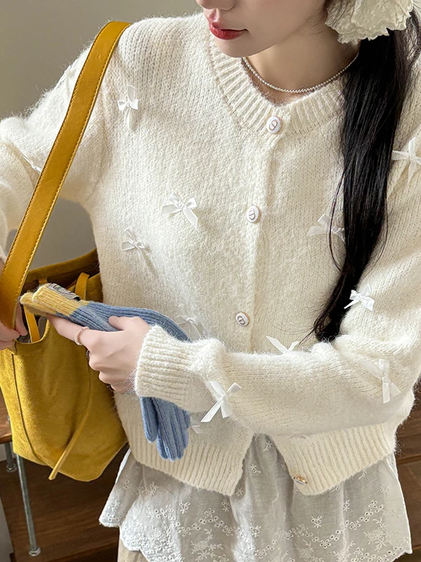 

Soft Short Pure Color Knitted Knot Sweater Coat Autumn Winter Women's Fashion Design Polyester Fiber Warm Cardigan