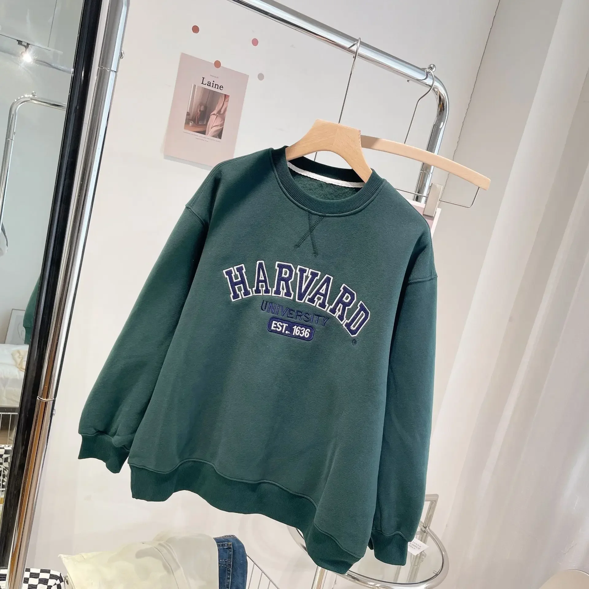 Spring Autumn Round Neck Hoodie Cotton Women Pullover Letters Plus Fleece Hoodie Oatmeal Color Women's Wear