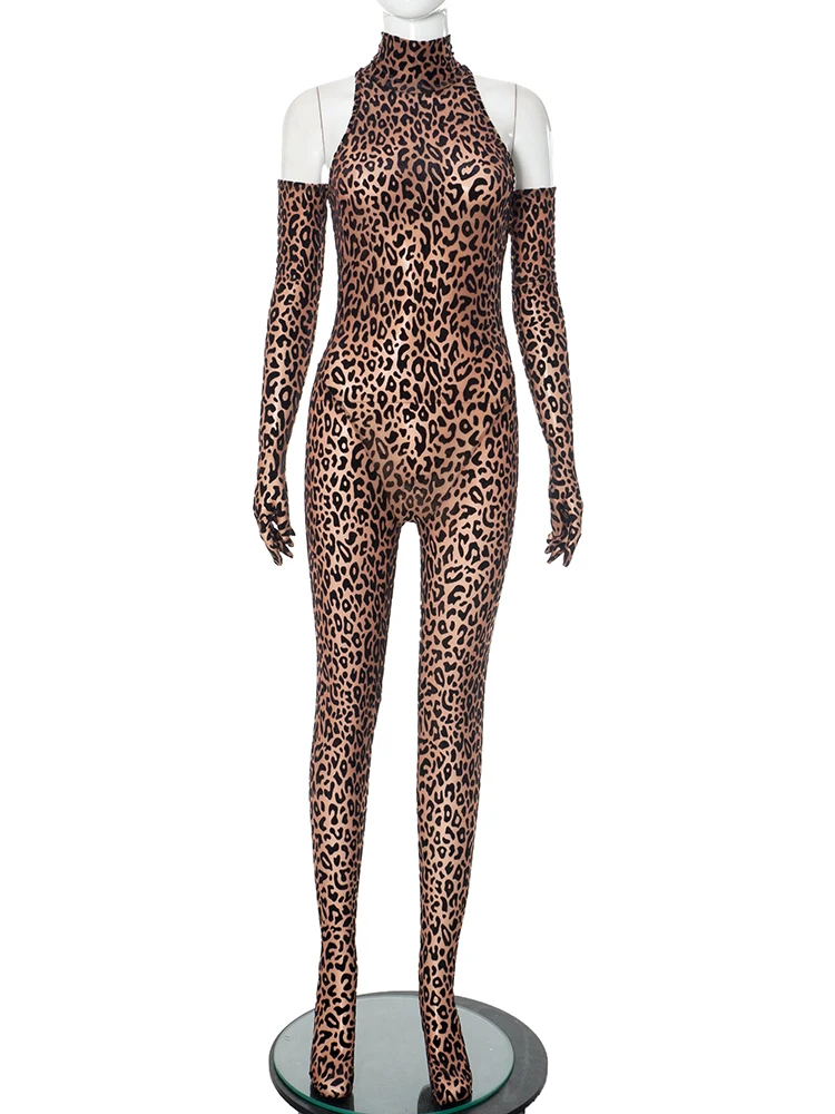 Wild Leopard Print 2 Piece Set Women Long Sleeve Glove+Turtleneck Strapless Skinny Jumpsuit Street Trend Sexy Suit