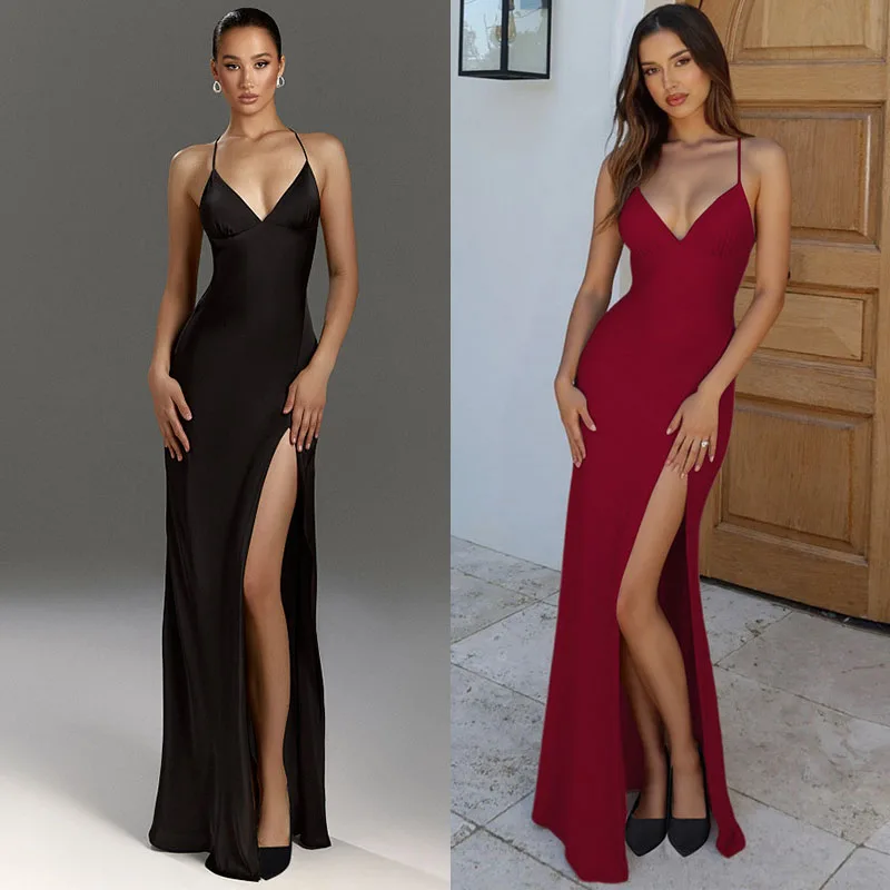 Spaghetti Strap High Split Long Dresses For Women V-Neck Backless Maxi Summer Dress Simple And Elegant Formal Dress
