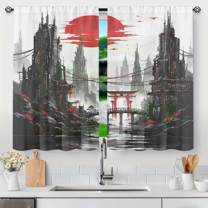 Decorative Cyberpunk Window Curtain Neo-Tokyo Anime Sci-Fi Cityscape Art Print Modern Industrial Gothic Style Window Drapery Pan