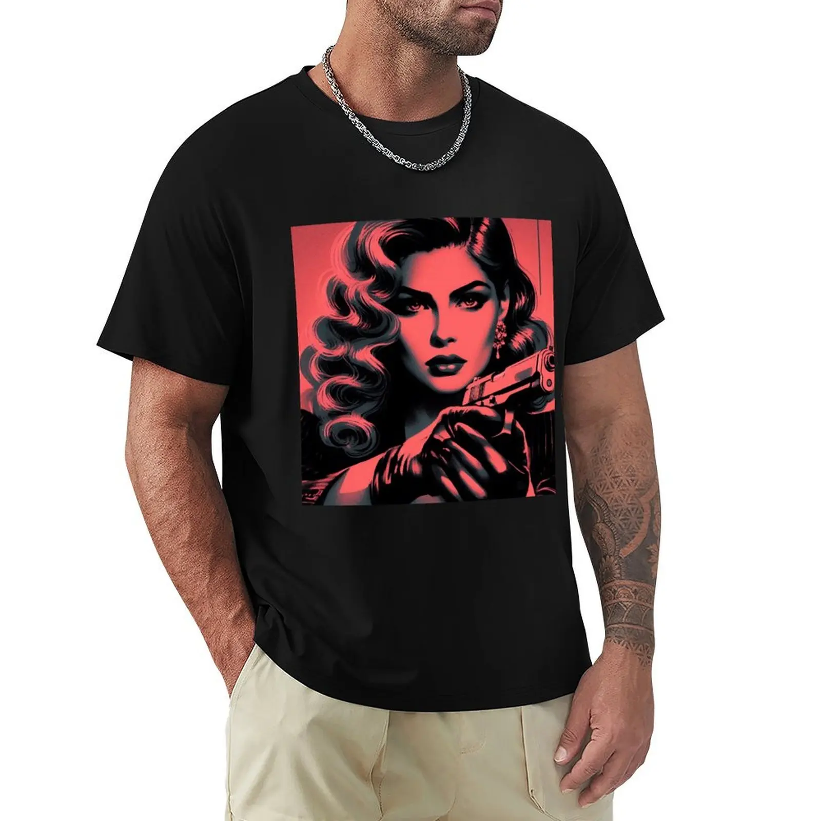 Femme Fatale Aiming [Noir aesthetic] T-Shirt Large Size Casual Tee Shirt