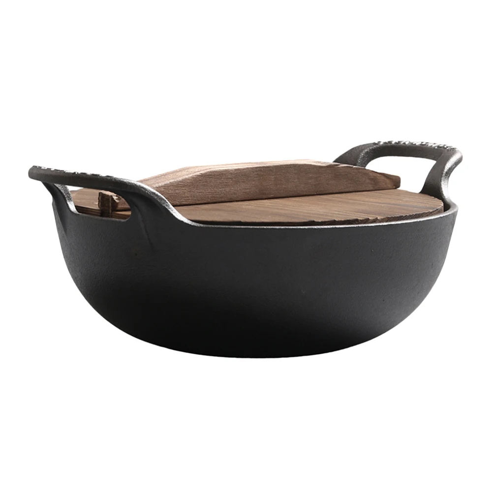 

Cast Iron Skillet Camping Soup Pot 20cm Wooden Lid Durable Outdoor Picnic Cookware Stew Saucepan Thick Material Reusable