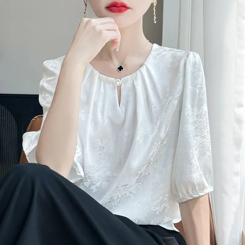 Cream Floral Jacquard Blouse with Pearl Trimmed Round Neck Puff Sleeve Loose Fit Summer Women Blouse view 6