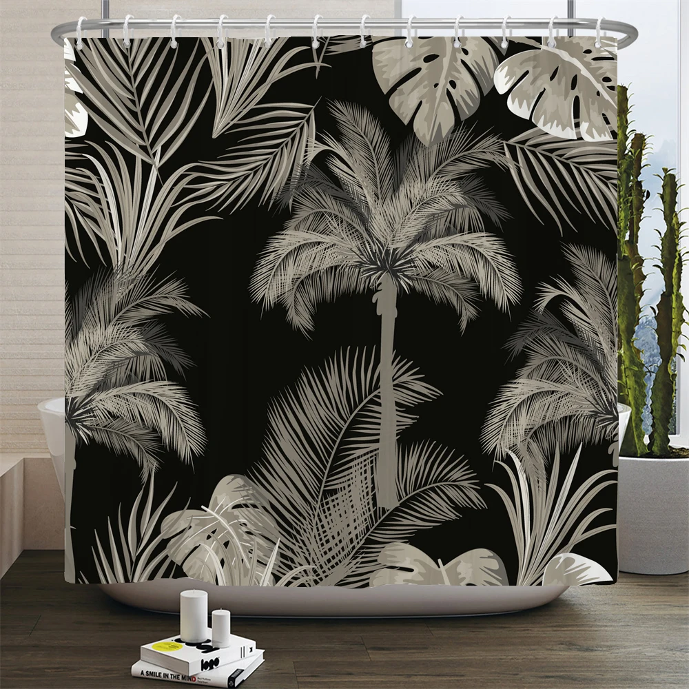 Tropical Plant Leaf Palm Printing Shower Curtains Bathroom Curtain Frabic Waterproof Polyester Bathroom Curtain Decor with Hooks