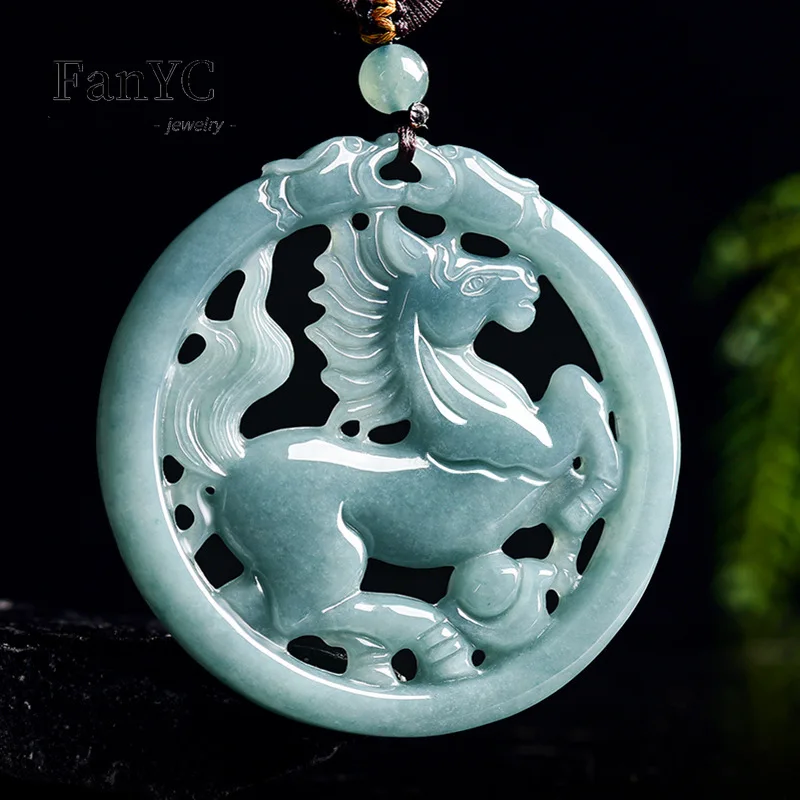 Natural Grade A Jadeite Blue Water Zodiac Horse Pendant with Openwork Carving Ice-Type Jade Necklace Men and Women Festive Gift