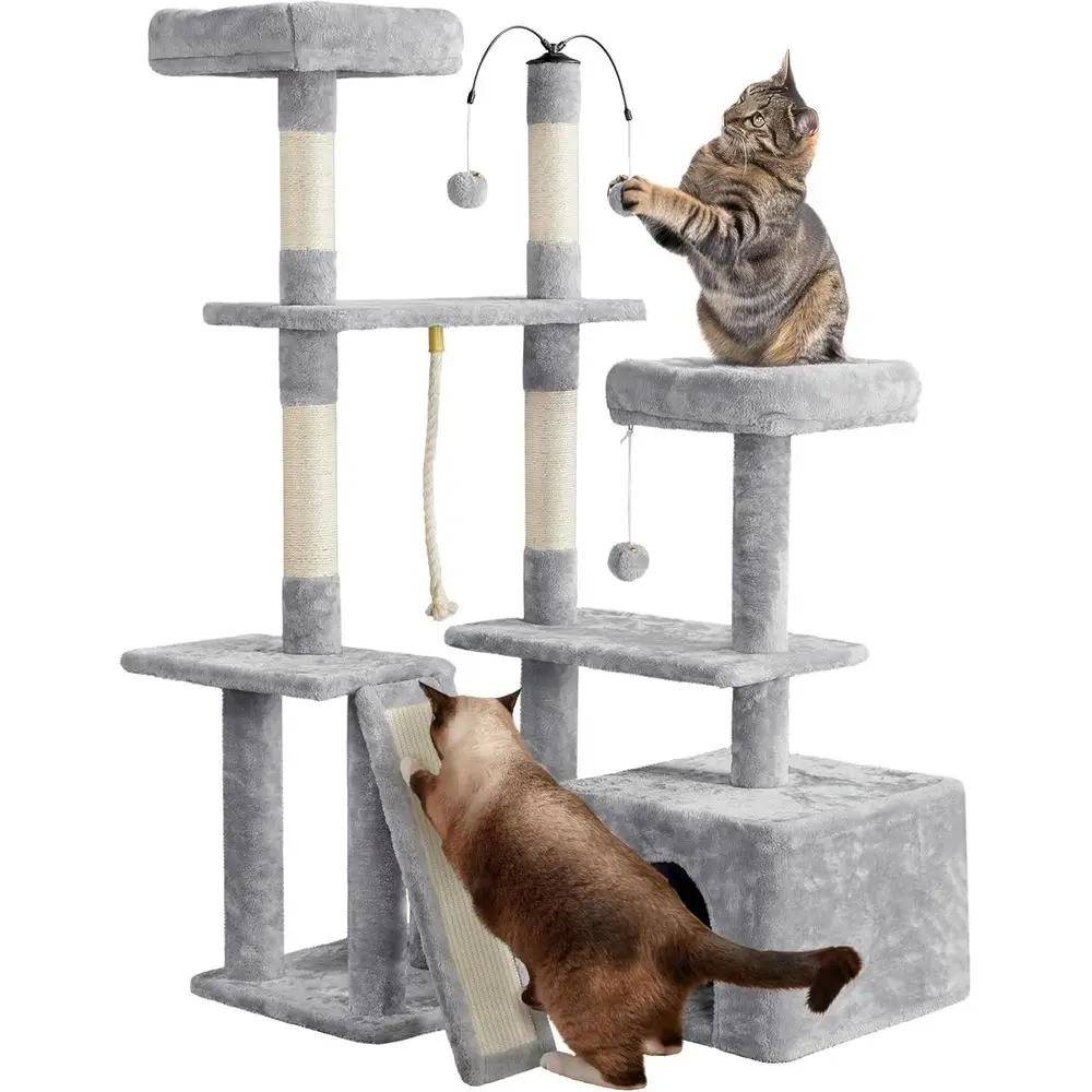 

Игровой домик для кошек 53.5 с сизалевыми столбиками, домиком-кондо, лежанками и широкими платформами для котят и взрослых кошек, светло-серый