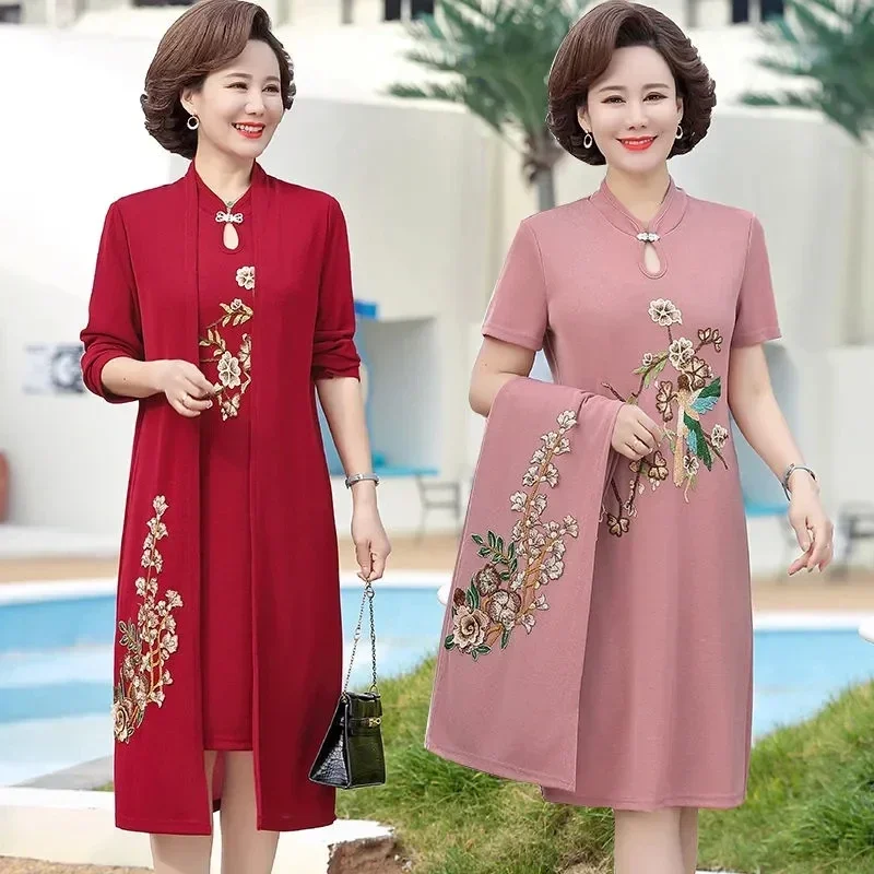 5XL Women Dress Vestidos 2022 New Spring Vintage Dresses Middle-aged Women's Qipao Dress Elegant Female Cheongsam 2 Piece Set