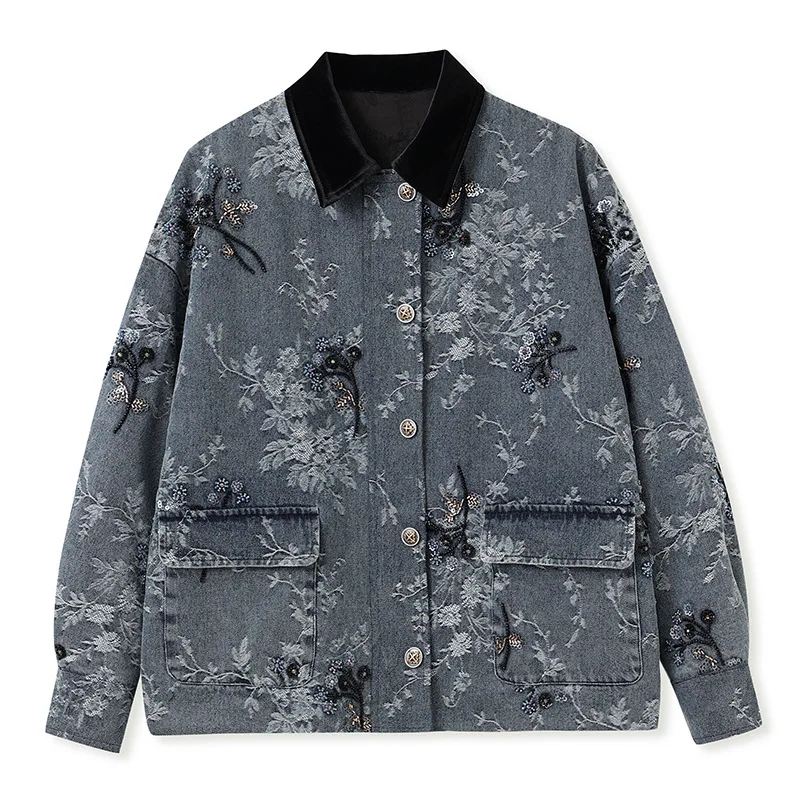 Fashionable embroidered retro denim long-sleeved women's tops Chinese style denim fabric embroidered beaded cotton jacket