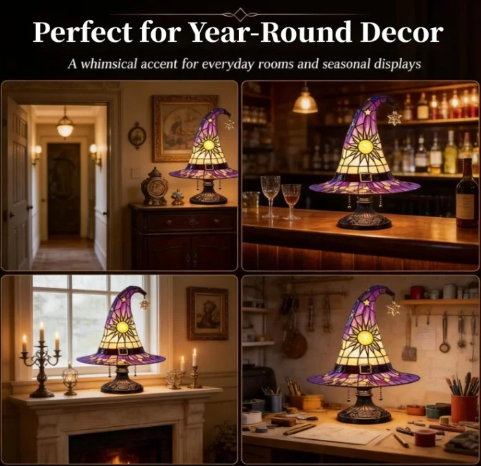 Witch Hat Lamp Stained Glass Night Light 7 Inch Warm Glow USB Pull Chain for Halloween Gothic Bedside Desk Decor