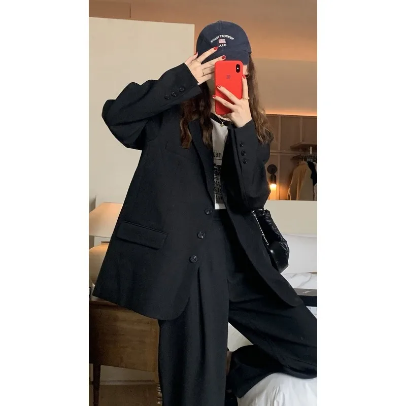 Blazer Women Long Sleeve Korean Chic Black Blazer Spring Autumn Jacket Office Lady Single-breasted Women's Clothing Loose Coat