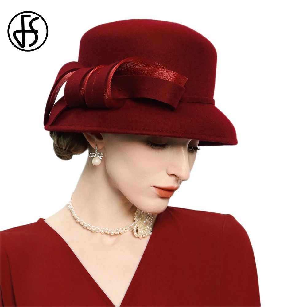 Czapka Fedora z wełny w kolorze burgundowym, kapelusz typu bowler w stylu vintage z kokardą, kapelusz kościelny z szerokim rondem dla kobiet, eleganckie kapelusze ślubne, sombrero mujer.