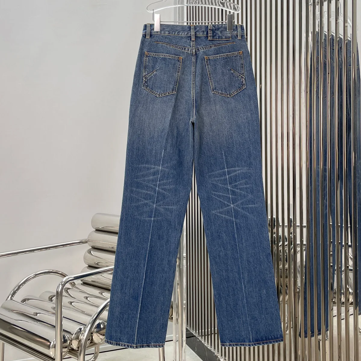 High Quality Women High Waist Straight Jeans Vintage Cat Whisker Washed Wide Leg Denim Pants lyt132744