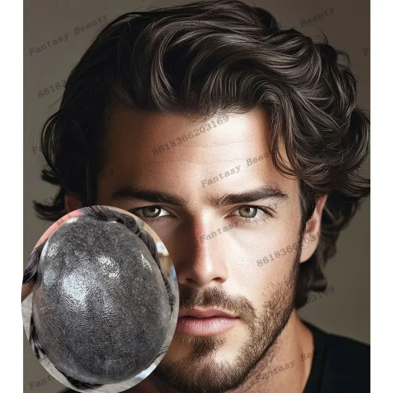 Super Durable 6Inch Long HUman Hair Male Wigs Strong PU Base Men Silicon Toupee 30mm Wave Natural Hairline Man Brown Hairpieces