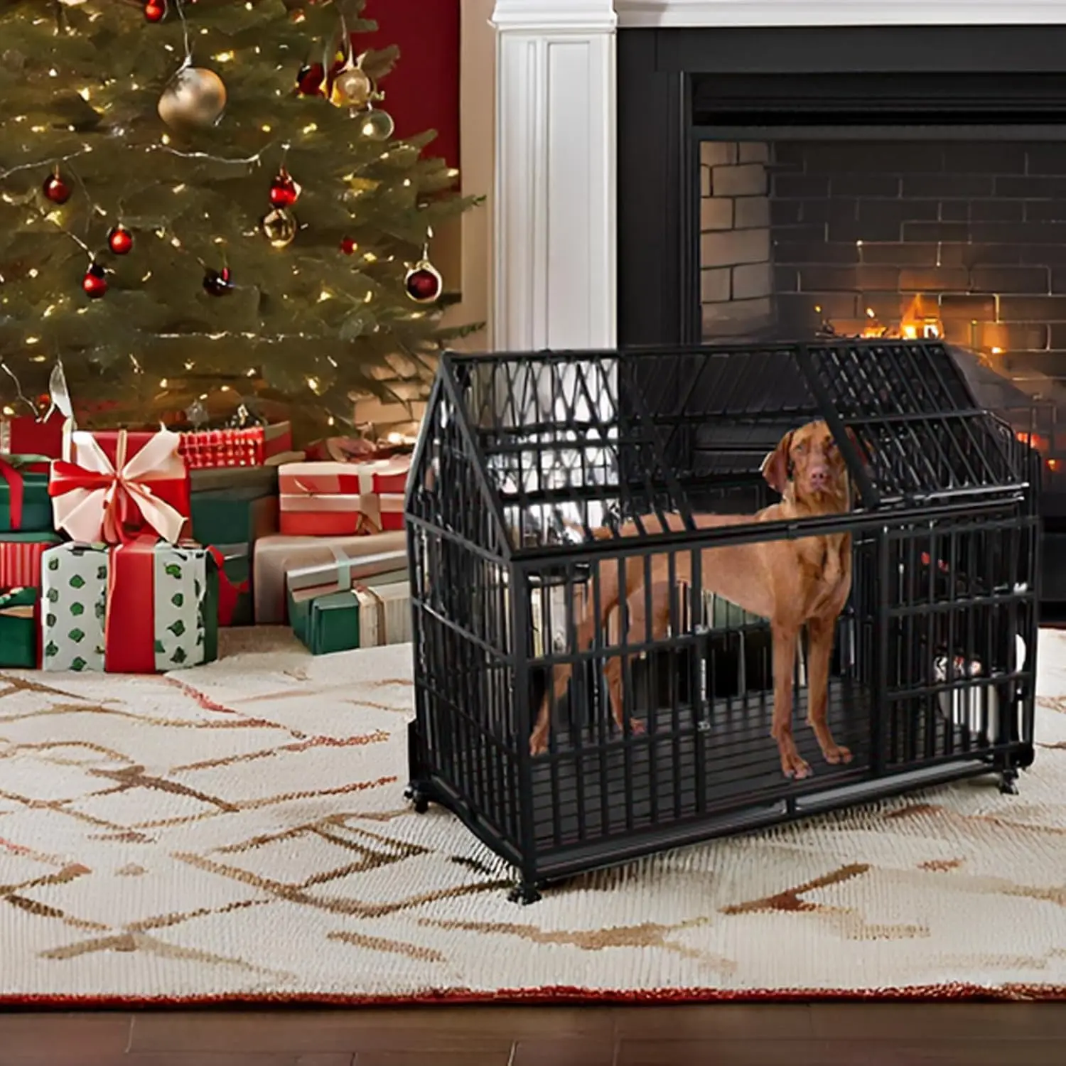 Heavy Duty Dog Crate For Large Giant Dogs, Metal Pet Cage Dog Kennel With Roof Strong Playpen, 54'' Dog Cage With Sturdy