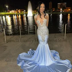Customized Diamond Mermaid Long Prom Dresses For Black Girls White Crystal Beading Formal Sleeveless Evening Party Dress