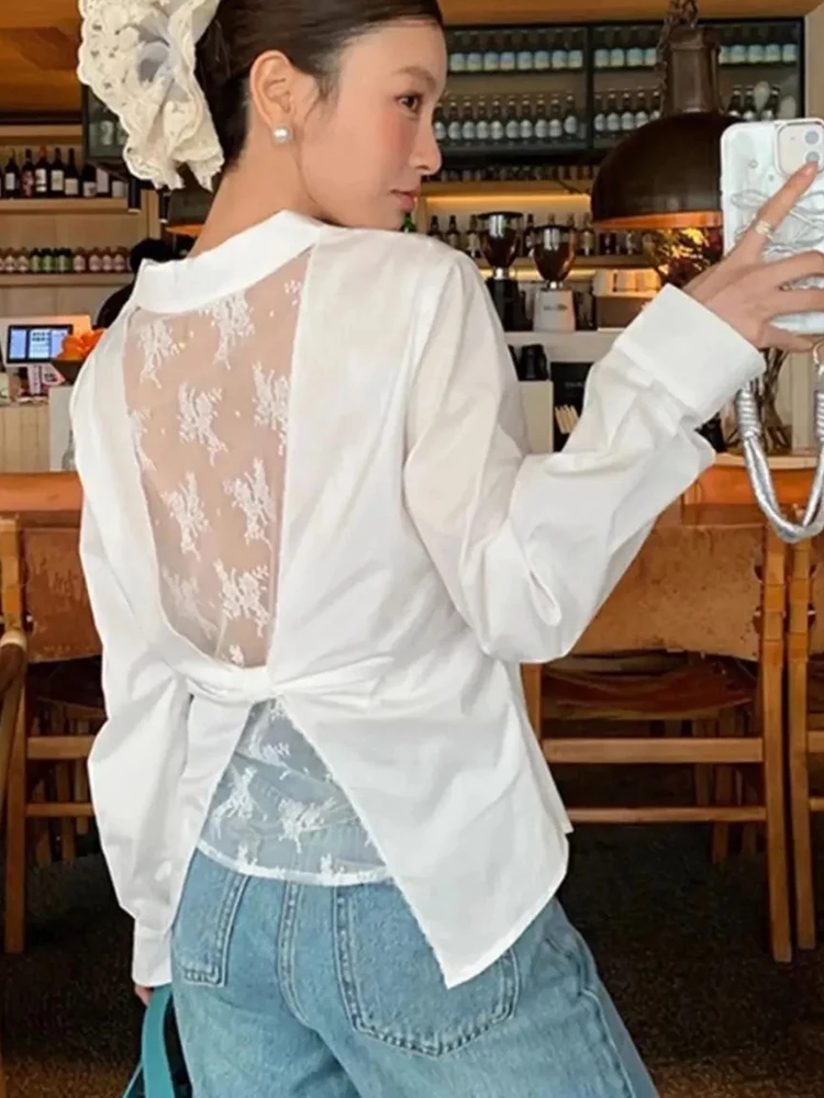 Zoki Back Lace Hollow Out Shirt Women Elegant Fashion Long Sleeve Design Blouse Korean Sweet Slim Sexy Patchwork Lady White Tops