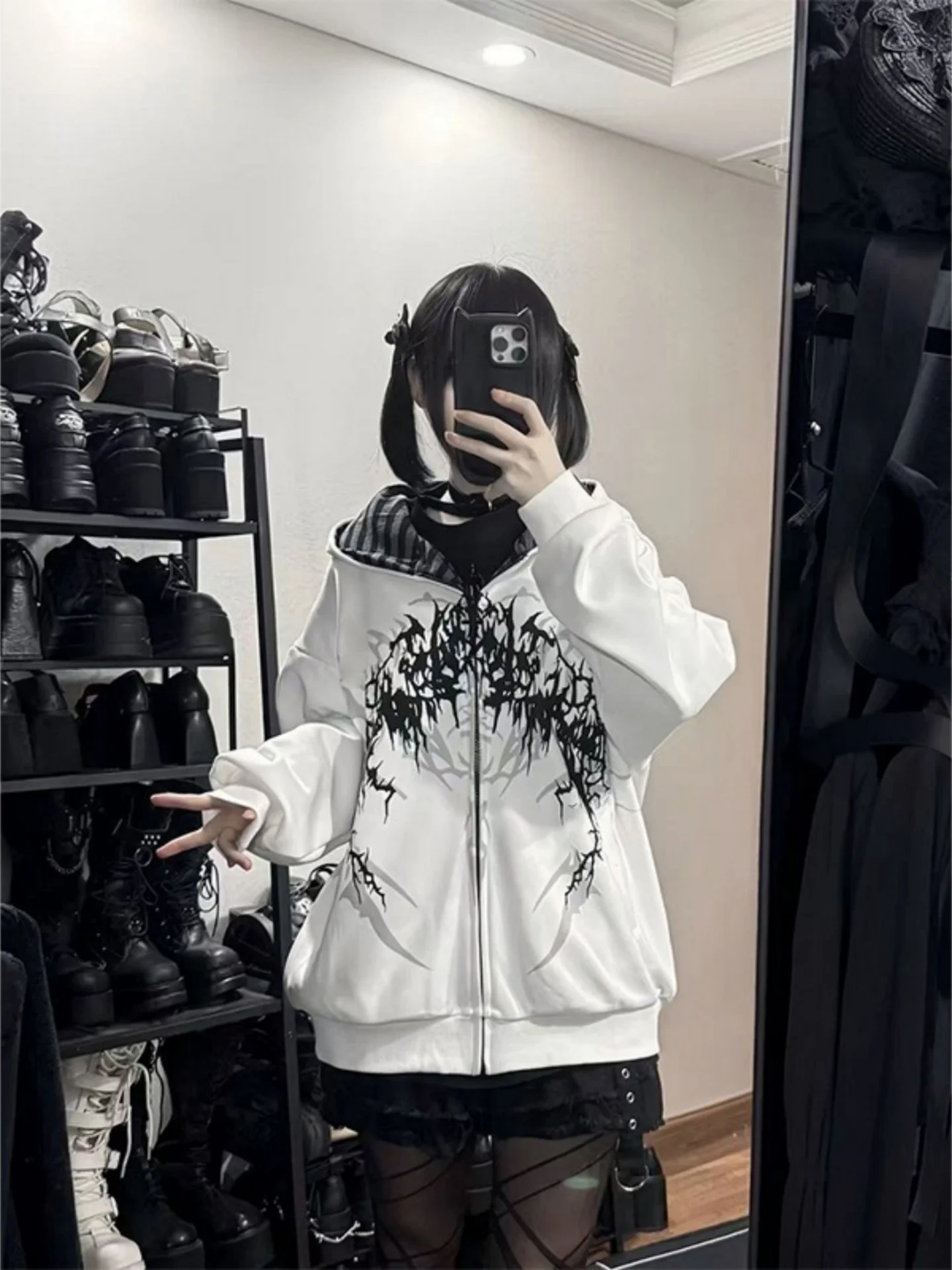Gothic Print Hoodie Jacket Men's Loose Unisex Long Sleeve Zipper Decorated Dark Thorn Youth Fashion Summer Outerwear