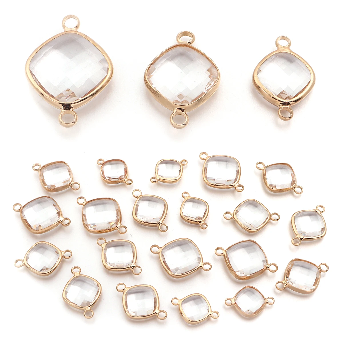 5 Stück/Lot quadratische facettierte Glasanhänger mit Metallkanten, Zweiloch-Verbinder, Charm für Armband, Halskette, DIY-Schmuckherstellung, Zubehör – Detail 6