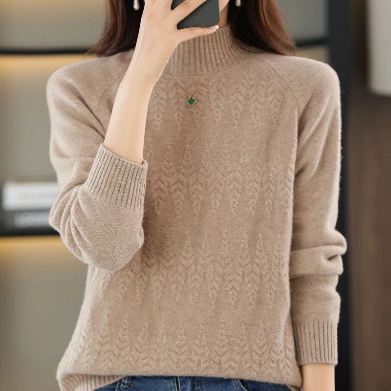 

2024 Autumn/Winter New 100%Wool Cashmere Sweater Half High Collar Pullover Fashion Long Sleeve Turtleneck Jumper Female Clothing