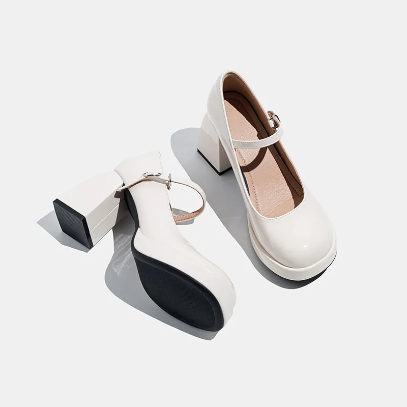 2026 New Spring and Autumn Waterproof Table One-word Buckle High Heels Women's Thick Heel Single Shoes