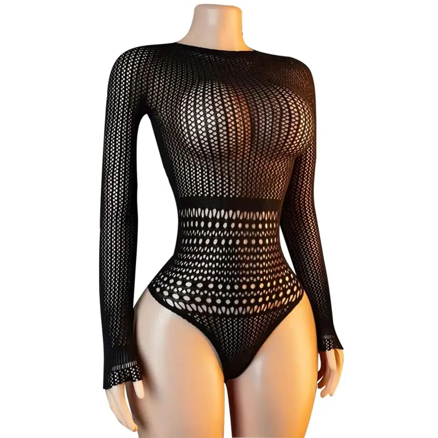 Hollow Out Perspective Tight Fitting Backless O Neck Long Sleeved Sexy and Seductive Lace Jumpsuit