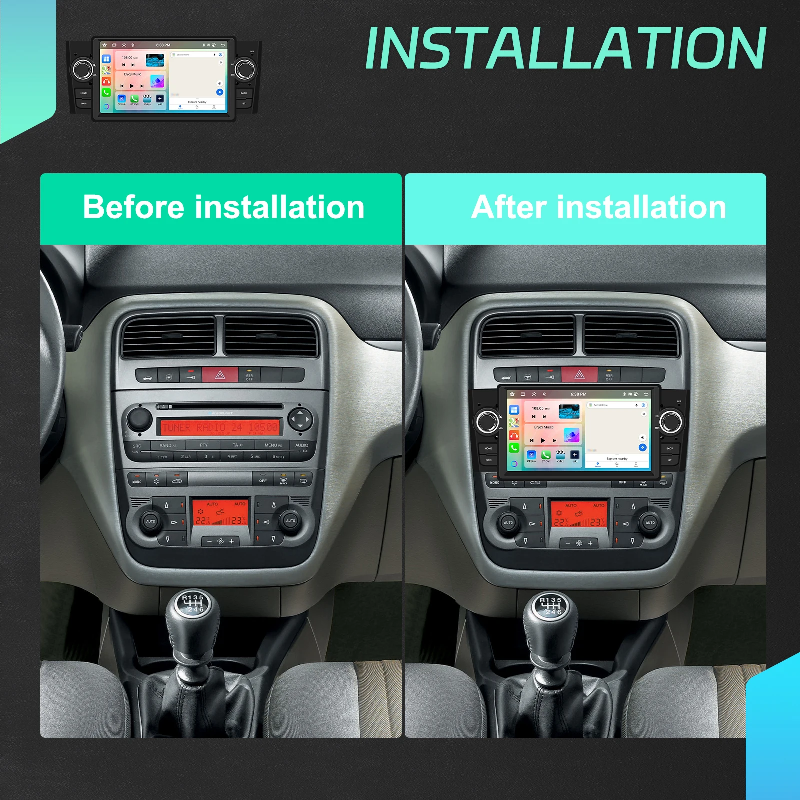 Podofo 9-Zoll Carplay 2Din Autoradio für Fiat Punto 2005-2009 Linea 2007-2011 Android Auto Multimedia-Player GPS-Navigation WiFi FM/RDS DSP – Detail 1