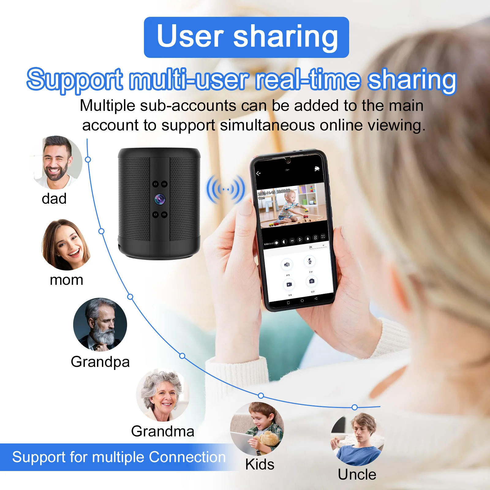 WiFi Security Camera Speaker Video Recorder HD Night Vision 140 Degree Wide Angle Lens 2 Way Talk 2K Loop Recording for Office