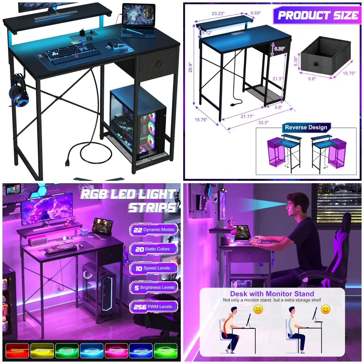 

33.5' Gaming Desk with LED Lights, Power Outlets, Monitor & CPU Stand, Storage Drawer, Black