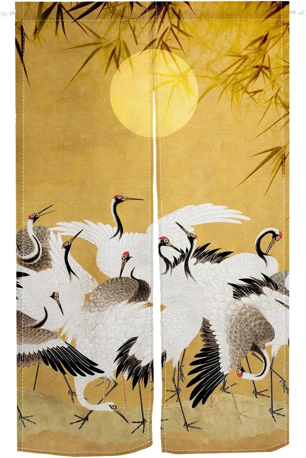 Japanese Doorway Curtain Japanese Style Cranes Full Moon Bamboo Printed Window Treatment Door Tapestry Polyester Panel for