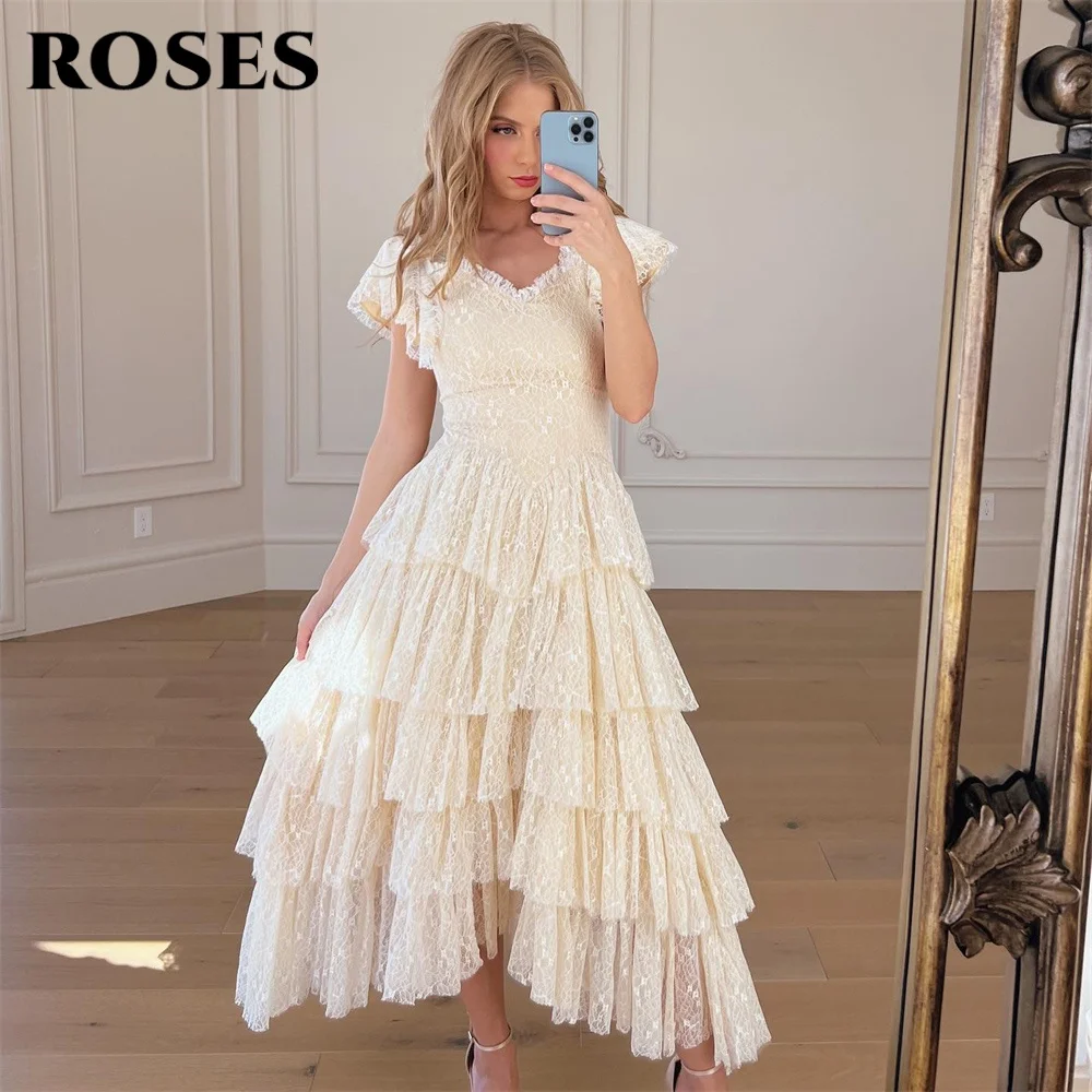 ROSES Ivory Elegant Prom Dresses Sweetheart Short Sleeve Prom Gown Lace Layered Mid-Calf Ball Gown for Woman 프롬 드레스Customized