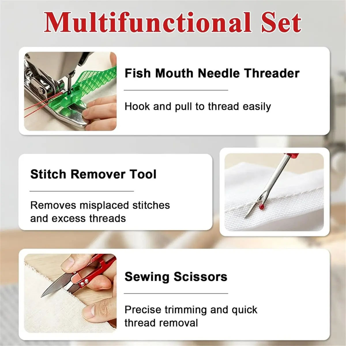 A1687K 4 Pcs Sewing Machine Needle Threader with Seam Ripper, 4 in 1 Automatic Needle Threading Tool with Magnifier & Ruler SUMM