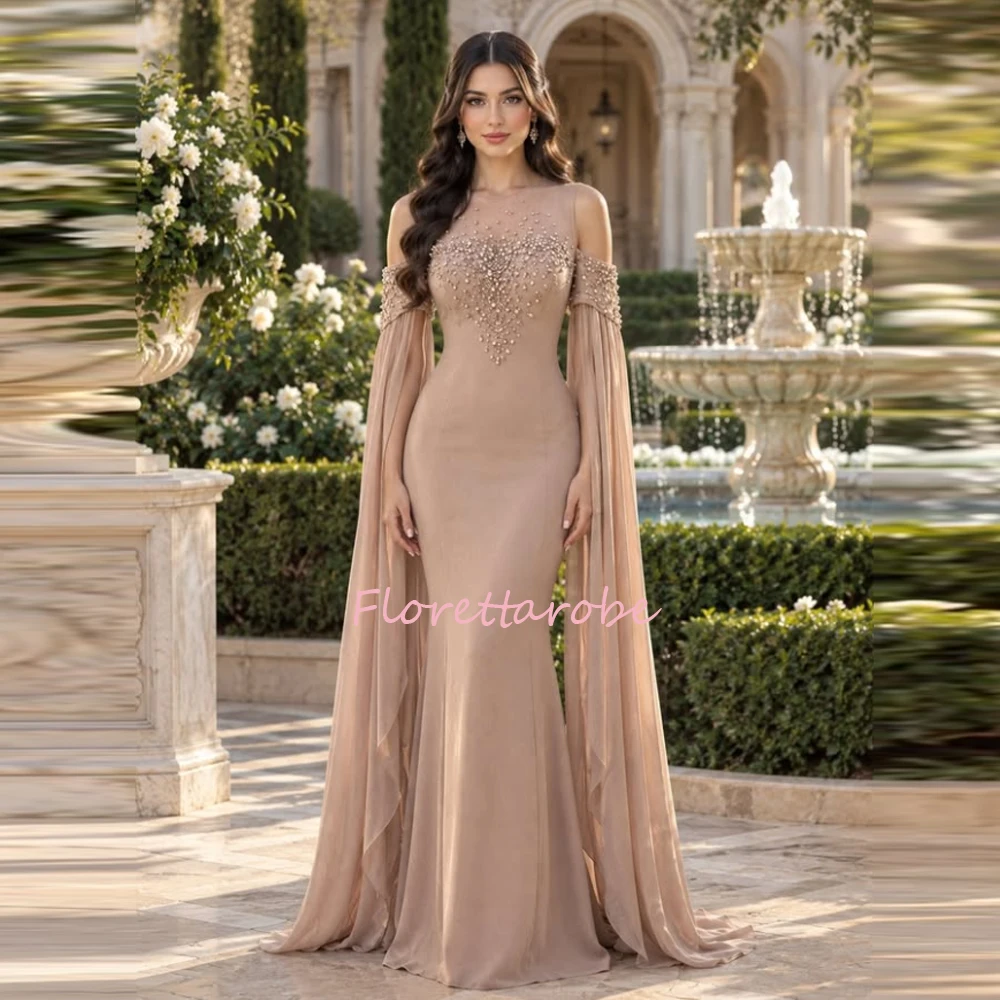 Maßgeschneidertes Luxus-Abendkleid mit Perlen, transparentem Chiffon-Cape-Ärmel, formelles Kleid für Hochzeitsfeier
