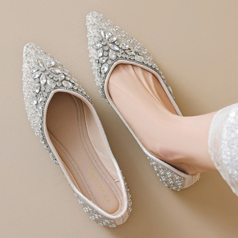 

Роскошные свадебные туфли на плоской подошве со стразами, модные туфли Мэри Джейн с острым носком на мягкой подошве, повседневные удобные туфли для свадебного платья на мелкой подошве