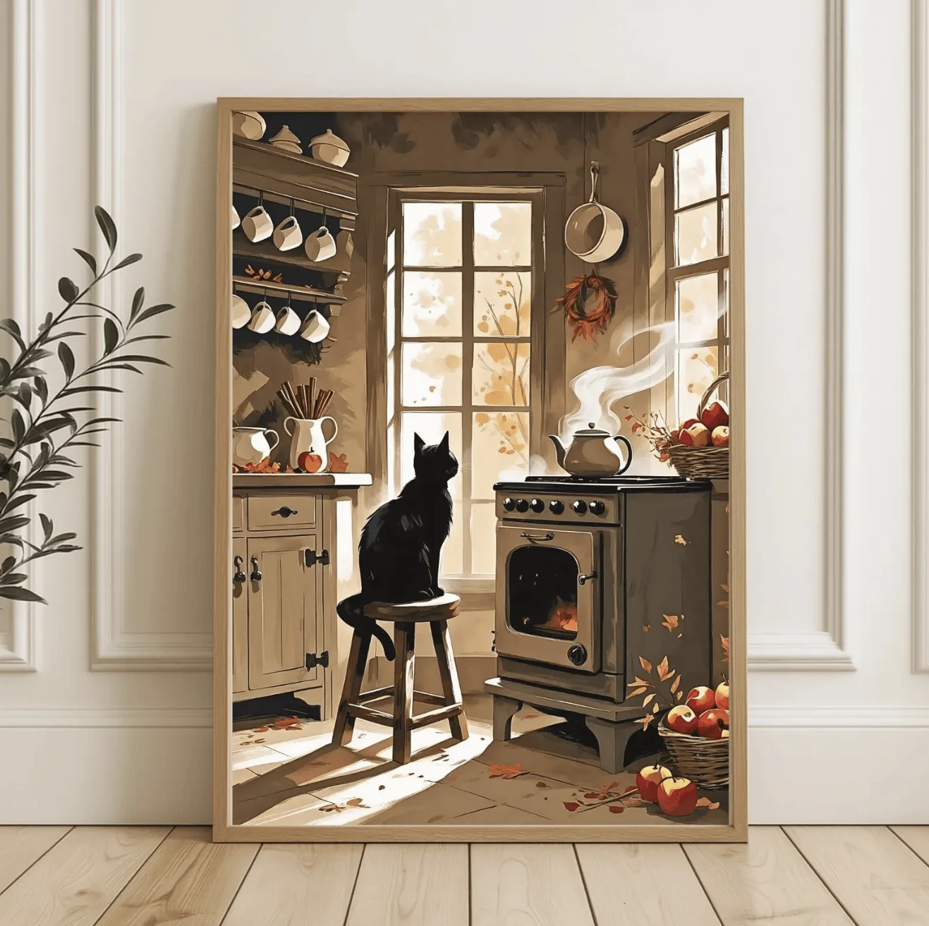 (No frame)Autumn Black Cat Kitchen Wall Art Canvas Prints Posters Decor, Fall Cottage Stove Illustration for Kitchen, Dining