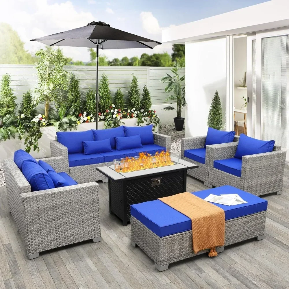 Outdoor Furniture 7Piec Set, Conversation sofa Sets W/Cushion& PE Rattan Sectional Sofa and 45