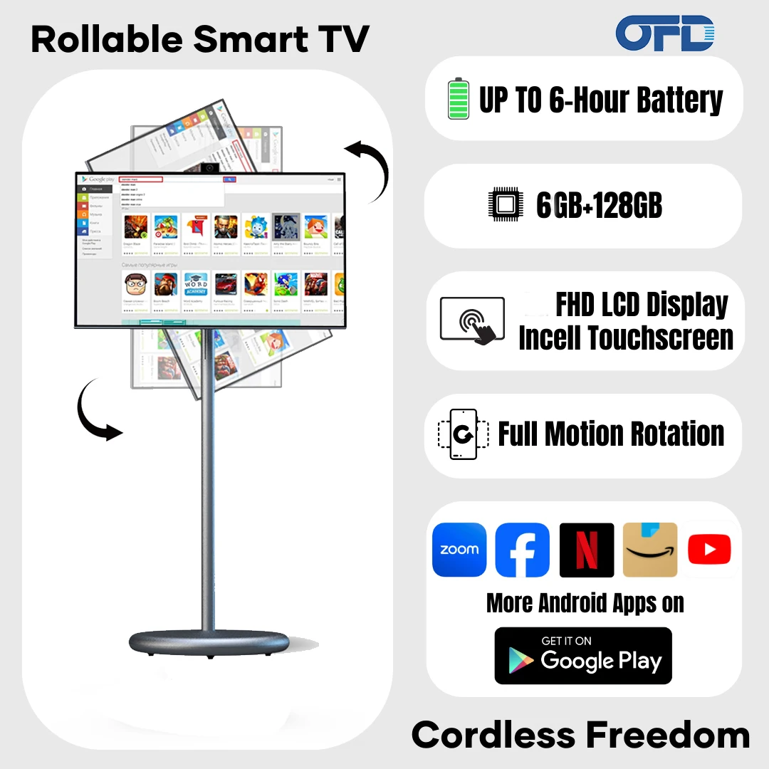 OFD 27 pollici Smart Tv portatile su ruote Android 15 Full Hd Touch Screen Monitor Rollable Android Tablet Pc per la casa
