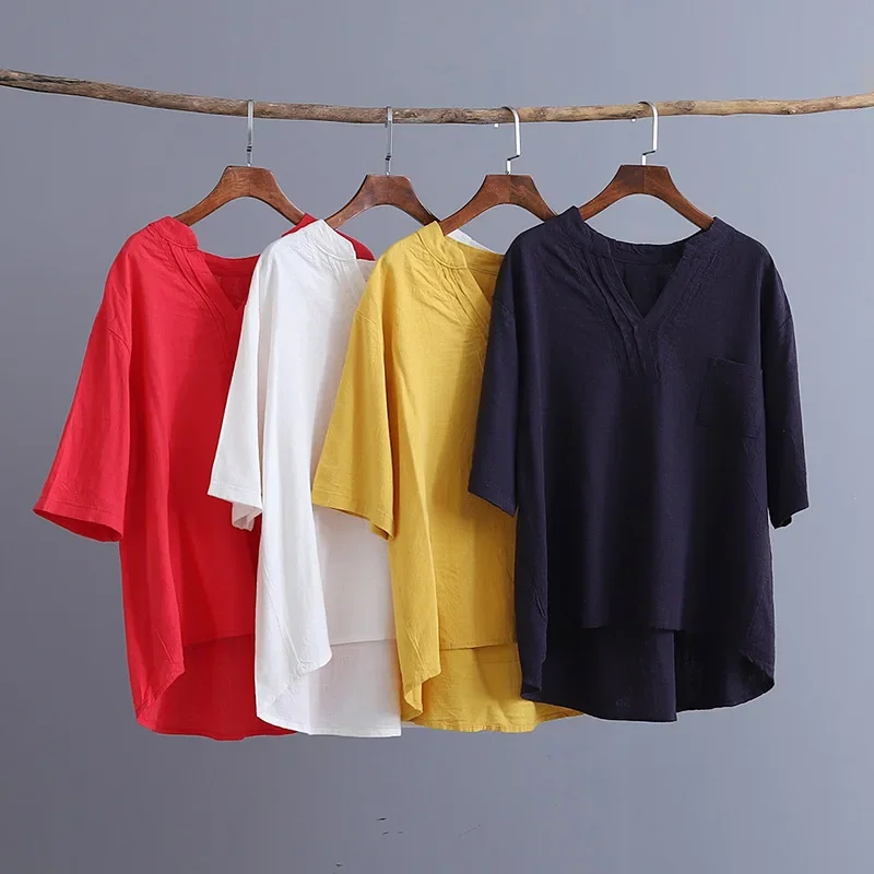 Summer Cotton Linen Tshirt Multicolor Women Retro Loose V-neck Short Sleeve Ladies Cute Girls T-shirt Loose Vintage T Shirt Tops