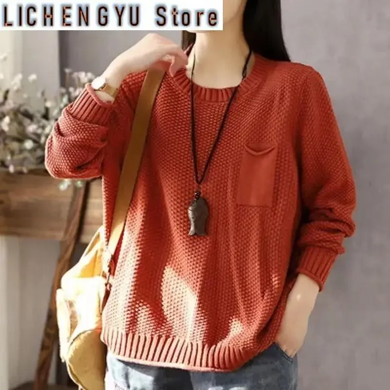 

Korean O-Neck Screw Thread Spring Autumn Solid Color Lantern Long Sleeve Women's Clothing Sweater Knitted Elegant Pockets Tops