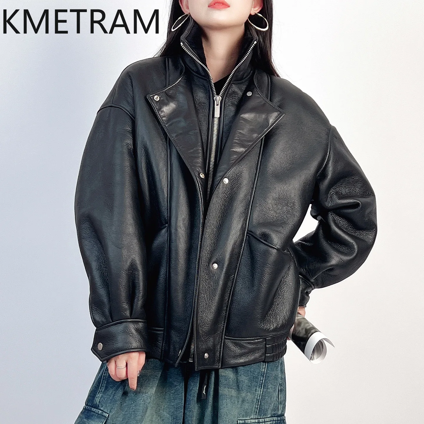 KMETRAM جلد الغنم ميرينو الطبيعي مع معطف مرفق من الصوف الأسود للدراجات النارية سترة من الفرو الحقيقي ملابس نسائية معاطف شتوية نسائية #2